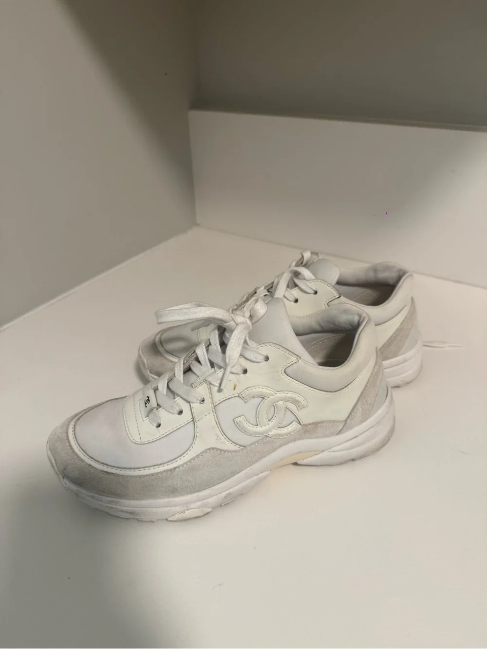 CHANEL White & Light Gray Suede-Trim Women's Sneakers SIZE 38